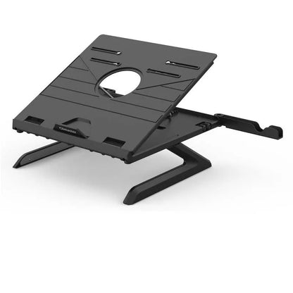 Foldable aluminium laptop stand in black or white, 280 x 280 x 25.5mm, with 9 adjustable angles and cooling slot.