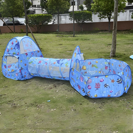 Underwater World children's three-in-one play tent with ball pool and tunnel in cartoon marine design