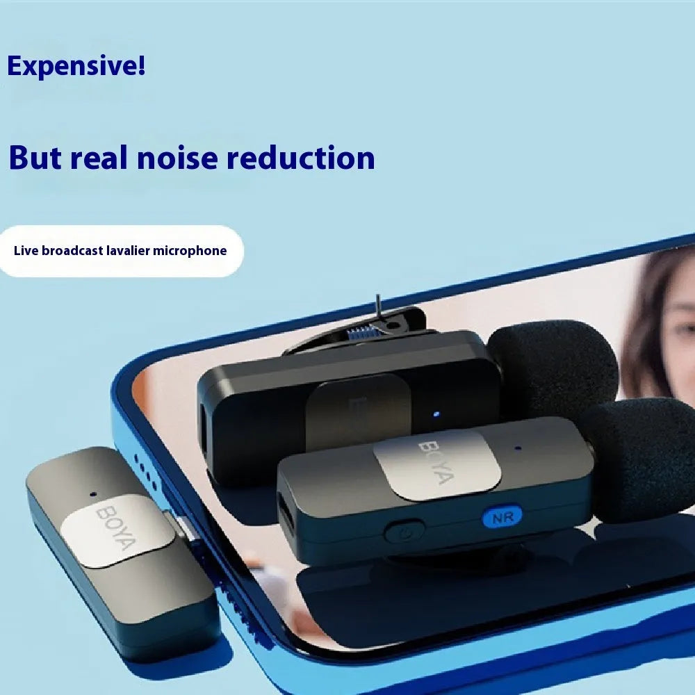 Wireless collar clip microphone with 2.4GHz transmission and USB-C charging for mobile live streaming and video recording