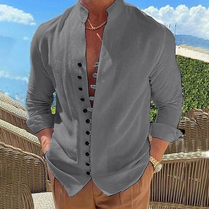Retro-inspired button-down long-sleeve casual shirt in a variety of classic colors for men