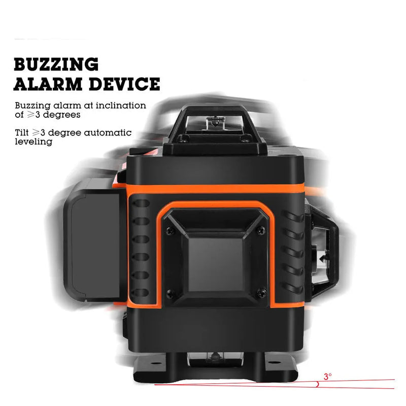 Rotating laser level with 5m accuracy and rechargeable battery for high-precision wall sticker alignment, featuring a visible 505nm laser wavelength available in green or orange beam colour.