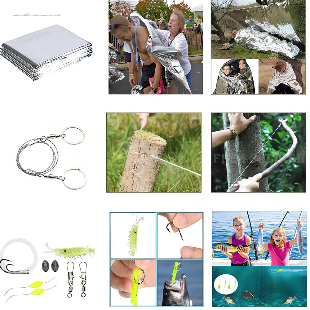 Brown tactical bag holding 13-piece survival kit with knife, compass, blanket, and wire saw for emergency use