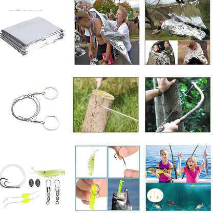 Brown tactical bag holding 13-piece survival kit with knife, compass, blanket, and wire saw for emergency use