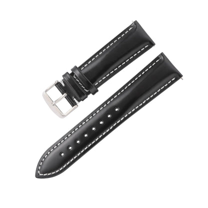 Quick release leather watch strap in bright cowhide, showing colour options and width sizes from 18mm to 22mm