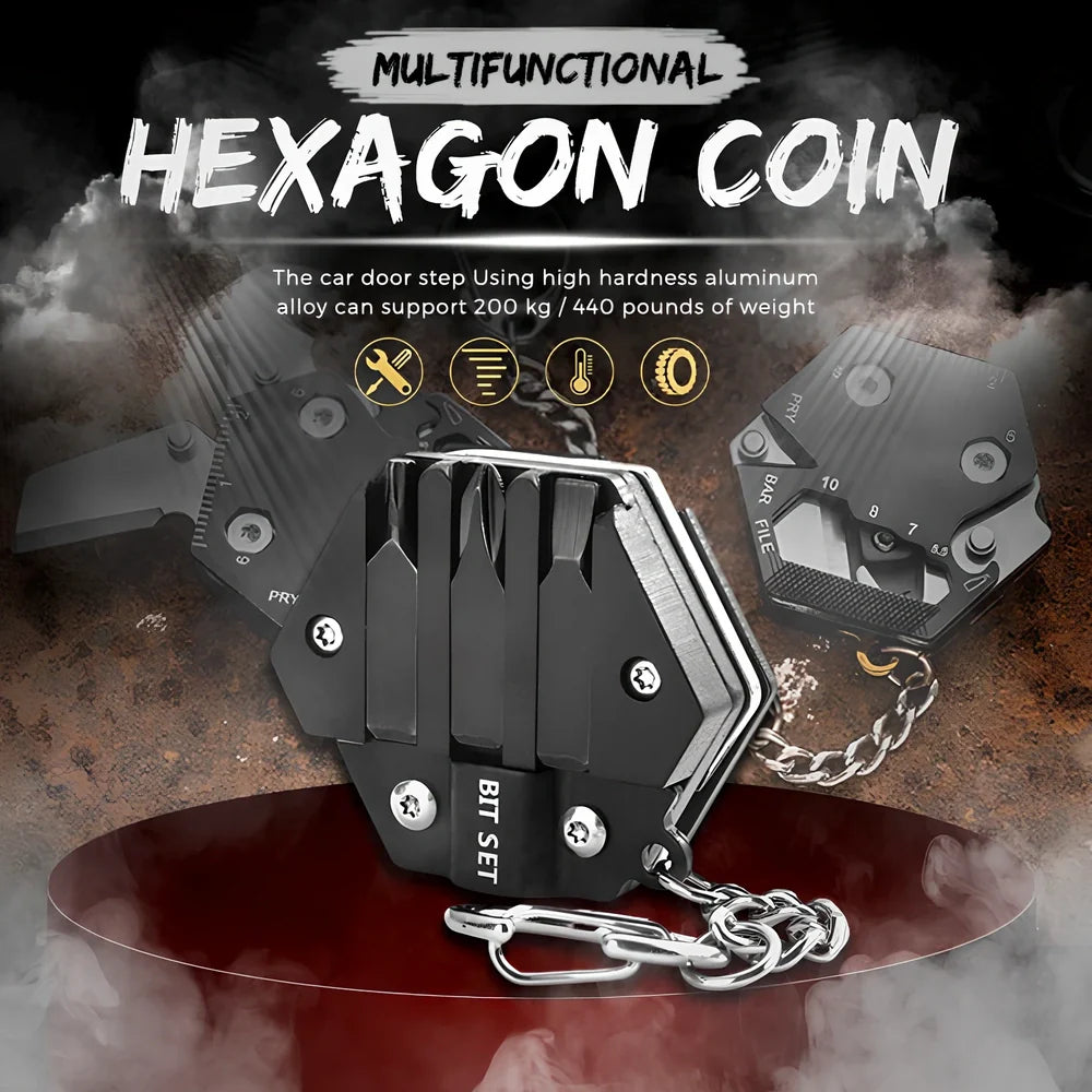 Black multifunctional hexagon keychain knife, 38mm x 13mm stainless steel tool with 2cm blade and key ring