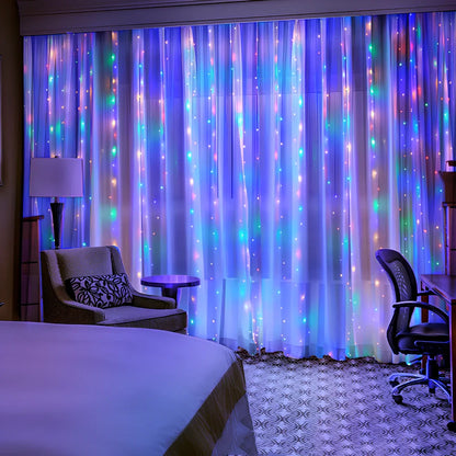 Sound control Christmas light curtain with USB cable and remote, showing multiple lighting modes on 3 metre wide design