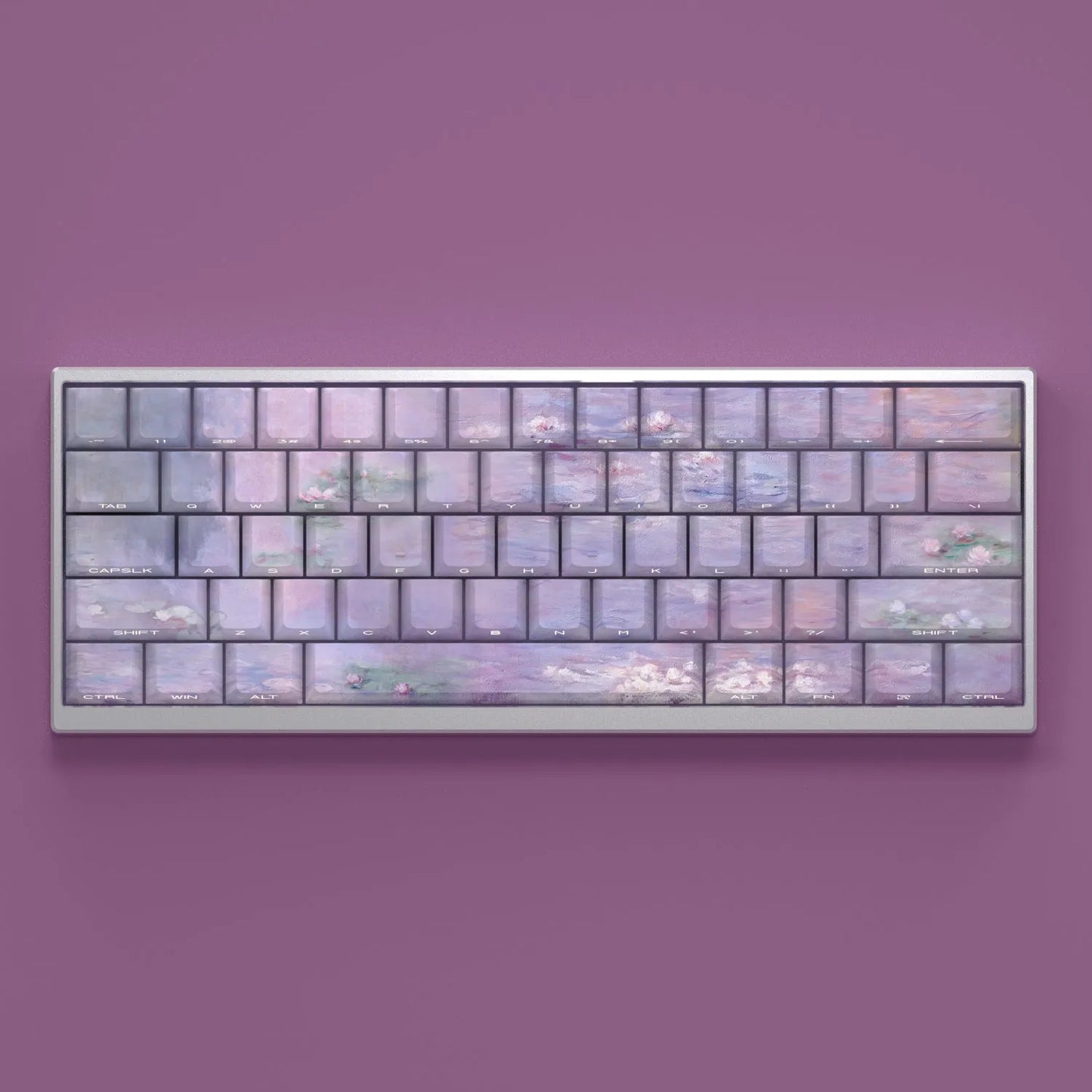 Wenshao Sleeping Lotus design PBT keycap set with side-carved translucent letters, 130 keys for mechanical keyboards.
