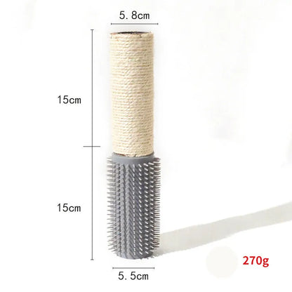 A tall, brown sisal scratching post for cats on a wooden floor next to a grey sofa.