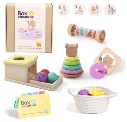 Montessori rattle toy set with black and white cards and ball chime in a colour box for babies 0-18 months