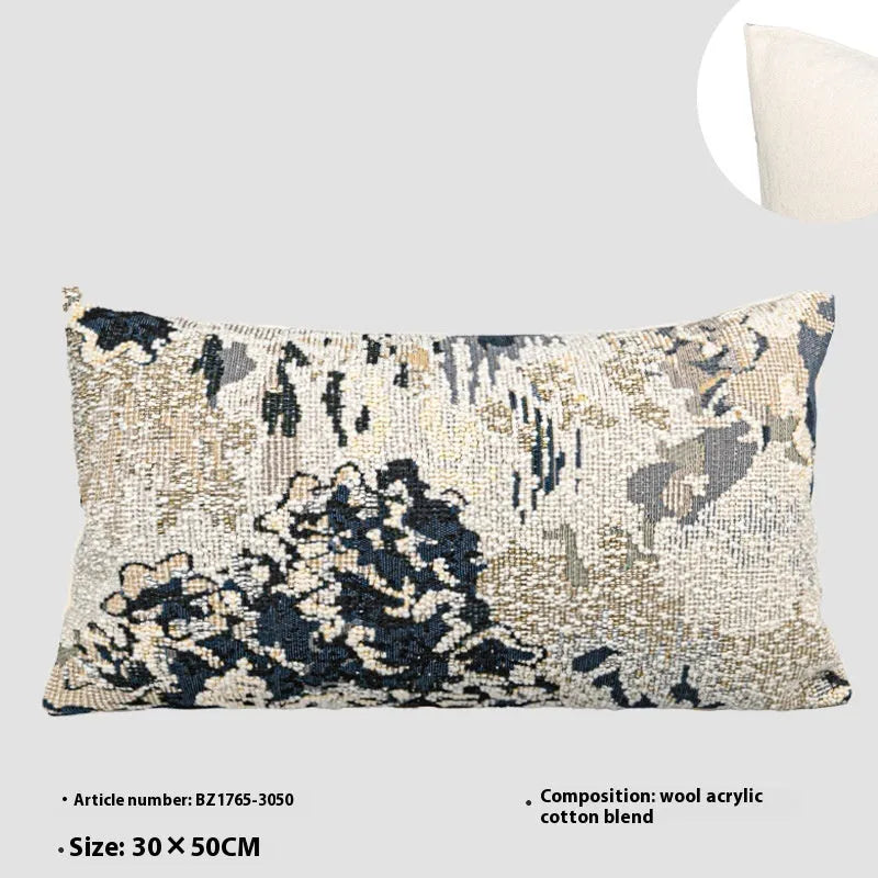 Square decorative cushion with botanical pattern in antique blue, wool blend fabric, feather velvet filler
