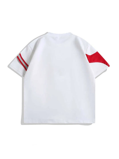 Black and white loose fit short sleeve t-shirt with double stitching and padded shoulder design