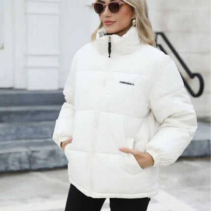 Women's windproof winter coat in white, black, grey, and green