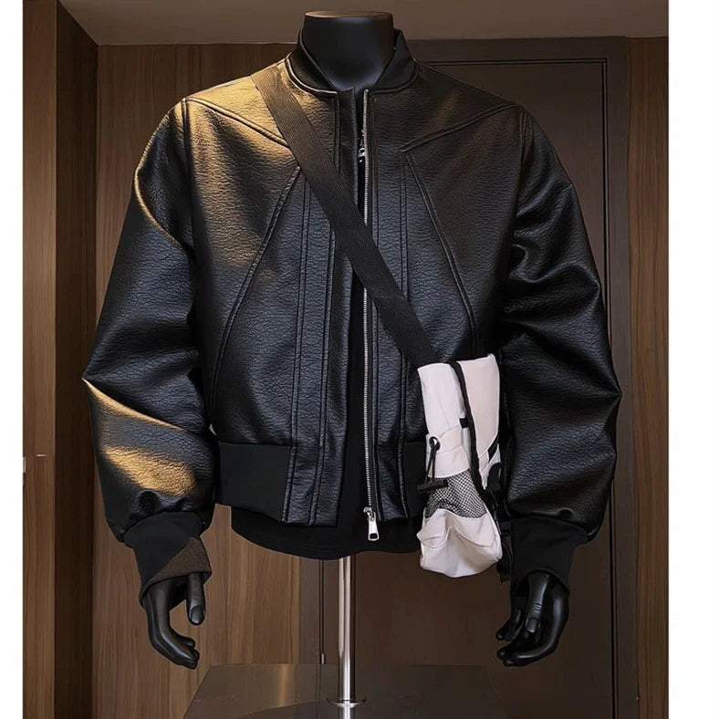 Men's black PU leather jacket with 100cm extended length in light business style