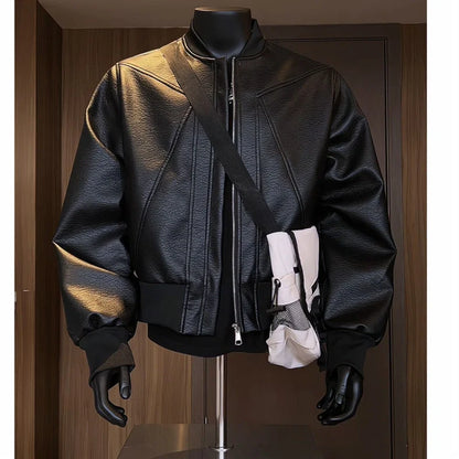 Men's black PU leather jacket with 100cm extended length in light business style