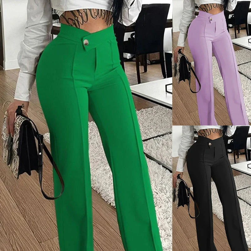 Women's slim straight-leg pants with buckle detail in various colors