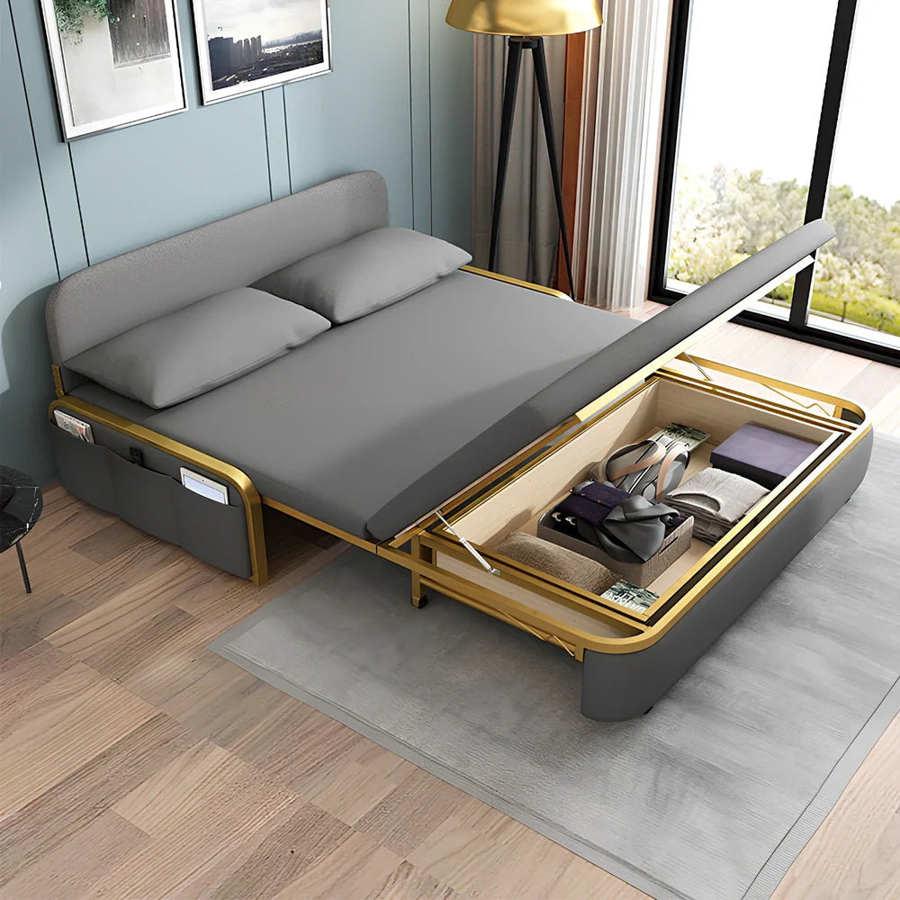 Dark grey foldable sofa bed with metal frame measuring 1.03 metres wide in both seating and sleeping configurations