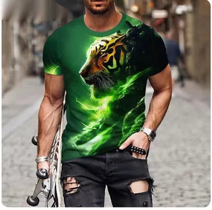 Men's black t-shirt with a fierce lion face 3D graphic print on the front.