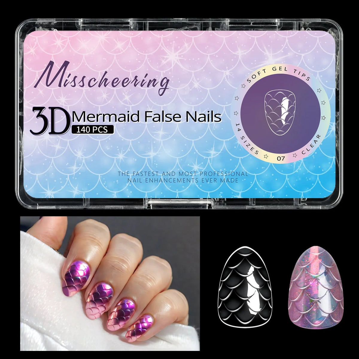 Professional 3D scale long shaping false nail tips in Frigate Box packaging for nail extensions.