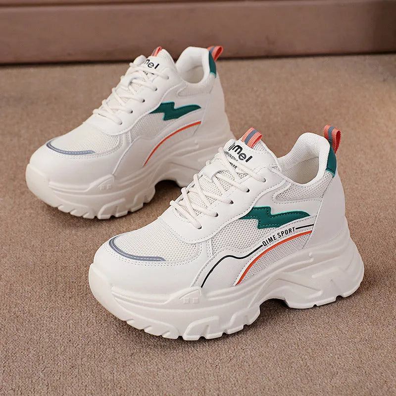 Women's white and beige height increasing dad shoes with lace-up front and rubber sole