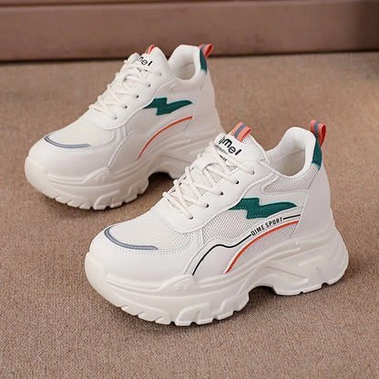 Women's white and beige height increasing dad shoes with lace-up front and rubber sole