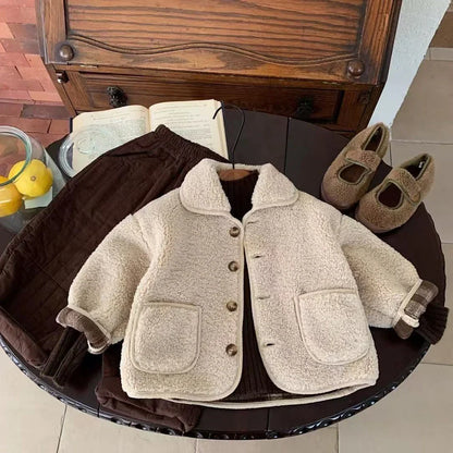 Children's beige one-piece velvet jacket with single-breasted closure showing polyester lining