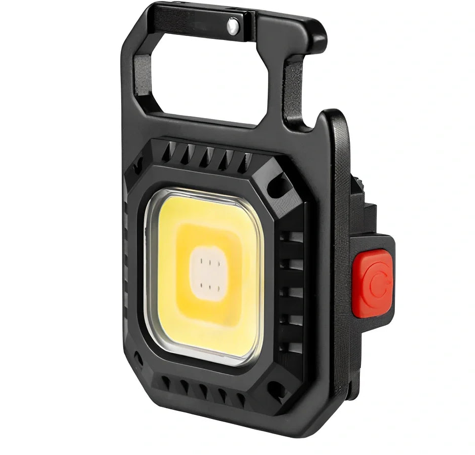 Black portable LED torch showing magnet, bottle opener, and multiple light modes with 500lm brightness