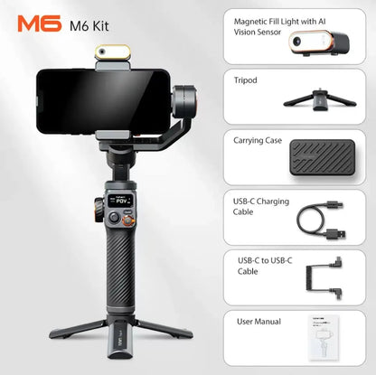 Black smartphone stabiliser with magnetic AI fill light and three-axis gimbal on tripod