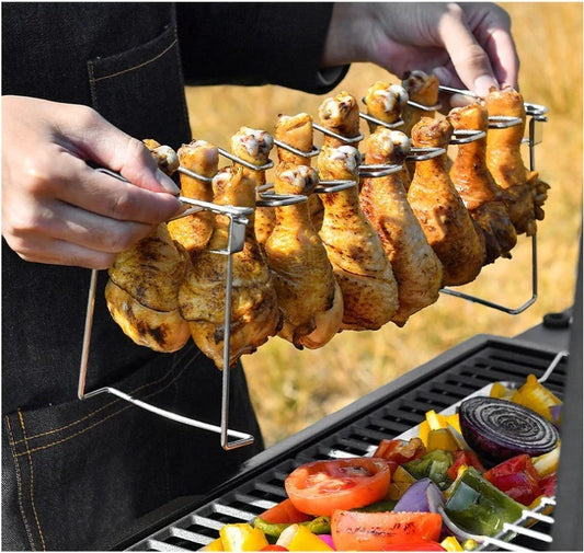 Versatile stainless steel BBQ rib rack with mesh clips, designed to accommodate a variety of chicken wings and legs for even, delicious grilling.
