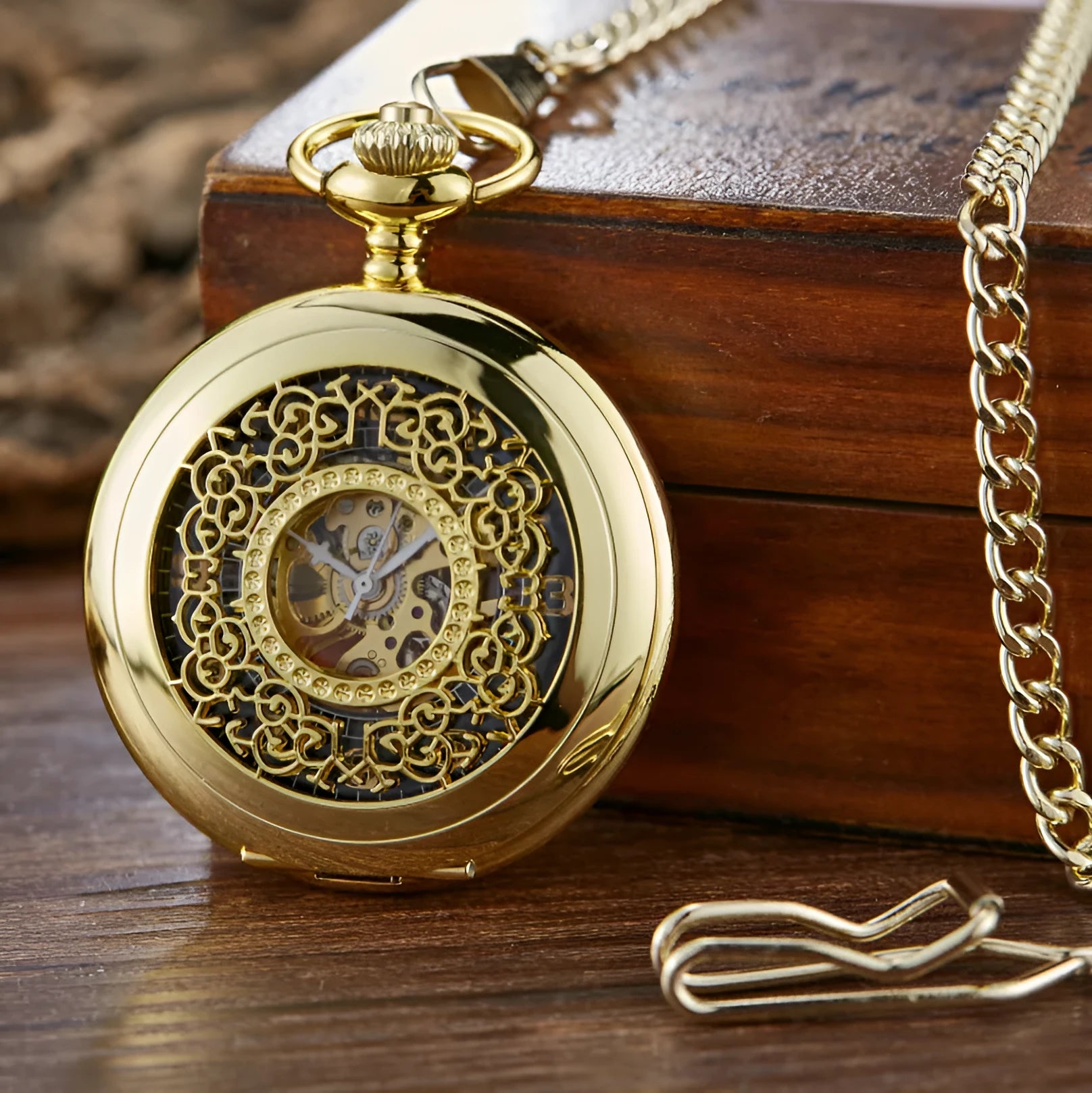 Retro automatic pocket watch with floral print dial and transparent case back showing mechanical movement.