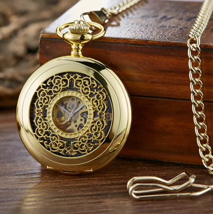Retro automatic pocket watch with floral print dial and transparent case back showing mechanical movement.