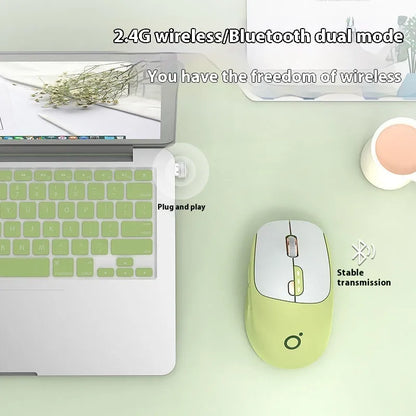 Mute wireless Bluetooth computer mouse in Matcha Green colour on a desk, showing its compact size and 5-button layout.