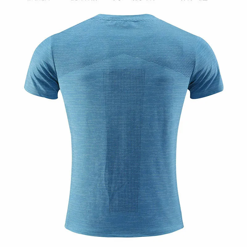 Close-up of a red polyester-spandex sports t-shirt on a hanger, showing the short sleeve and fabric texture.