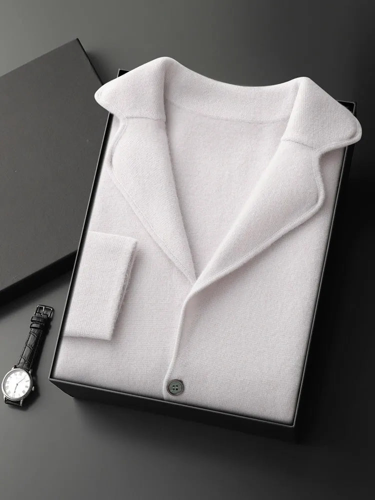 Men's cashmere blend lapel cardigan sweater in light grey showing loose fit and thickened knit construction
