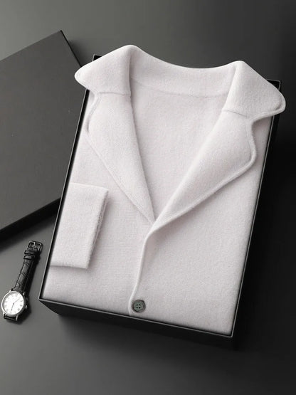 Men's cashmere blend lapel cardigan sweater in light grey showing loose fit and thickened knit construction