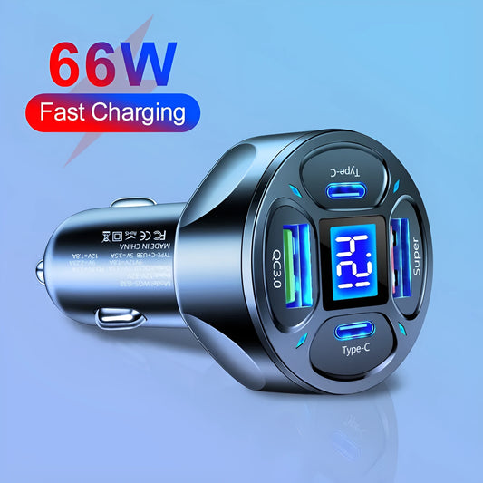 66W digital display car charger with 2 USB and 2 Type-C ports showing compact dimensions