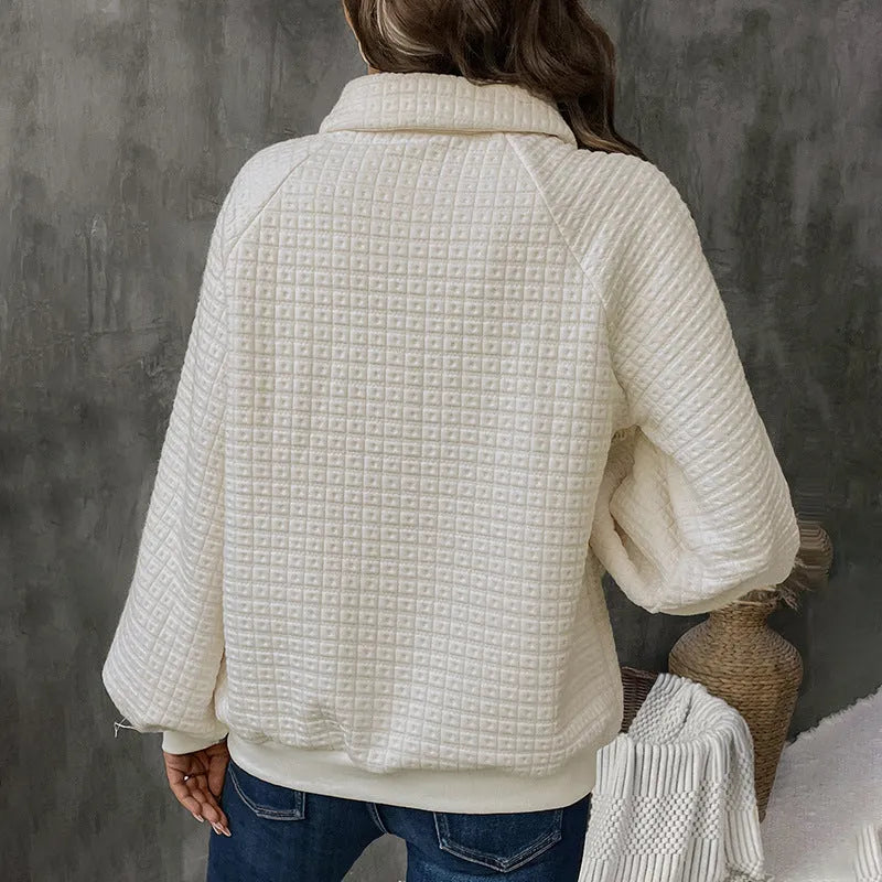Women's texture polo collar solid colour thickened sweater in Milky White, showing long sleeves and pullover design