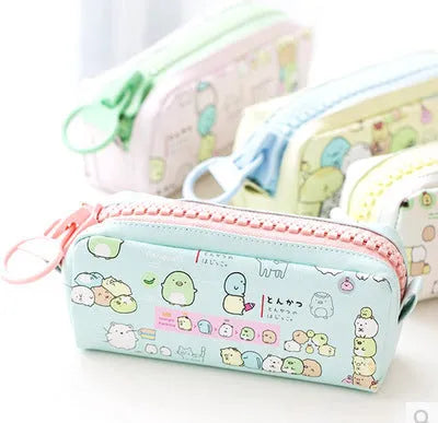 Leather pencil case, 22cm x 9.5cm x 7cm, zip closure, animal and fruit patterns, 18 colours