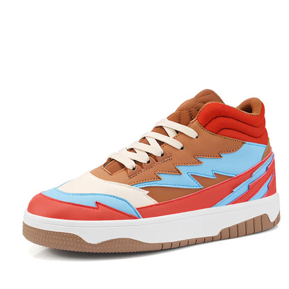 Men's high-top lace-up sneakers in brown with artificial leather uppers and rubber soles showing round toe design