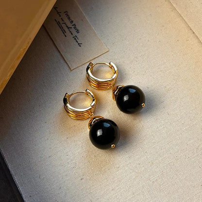 Gold-plated Tigereye earrings with geometric round shape in French retro style