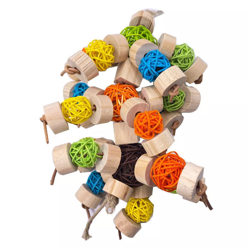 Natural wood nibbling toy for birds, available in small, medium, and large sizes