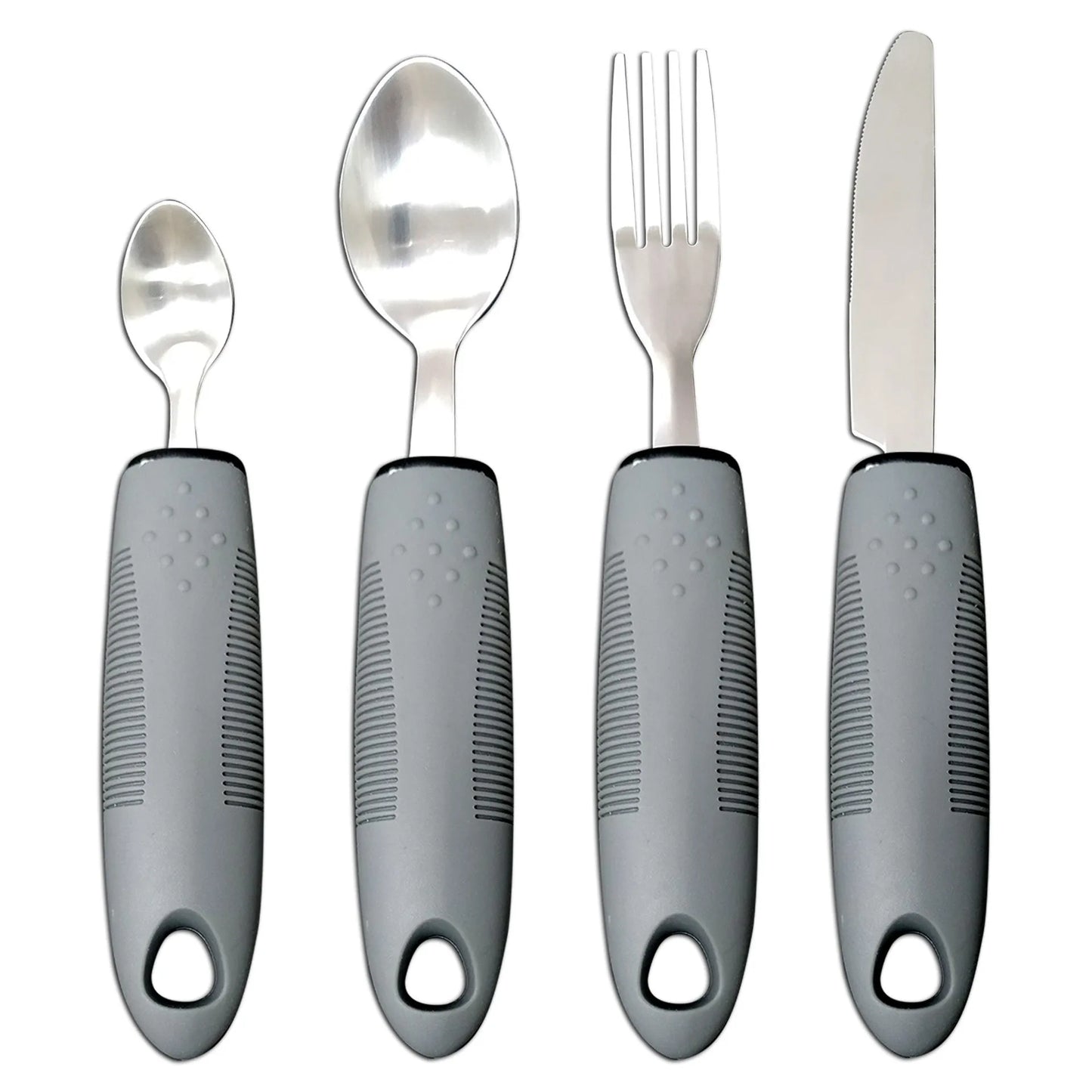 Stainless steel adaptive eating utensils with rubber handles and bendable components for elderly anti-shake support