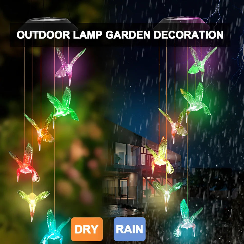 Solar-powered wind chime garden lamp with hummingbird design, automatic day-night operation, waterproof construction