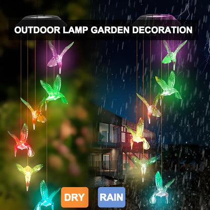 Solar-powered wind chime garden lamp with hummingbird design, automatic day-night operation, waterproof construction