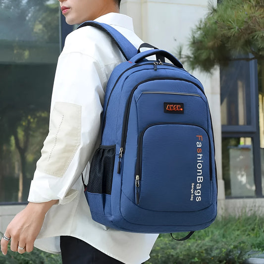 Black nylon street-style backpack with double shoulder straps, shown with open compartment revealing internal laptop sleeve and pockets.
