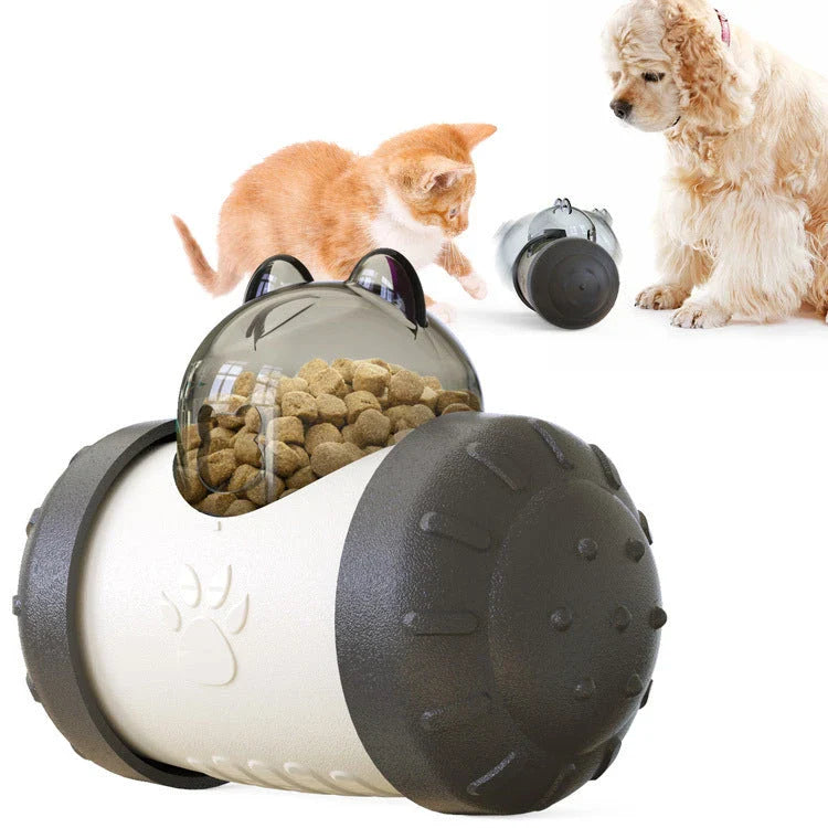 Colorful interactive food dispensing toy for cats and dogs, designed to engage and enrich your furry friend's mealtime experience