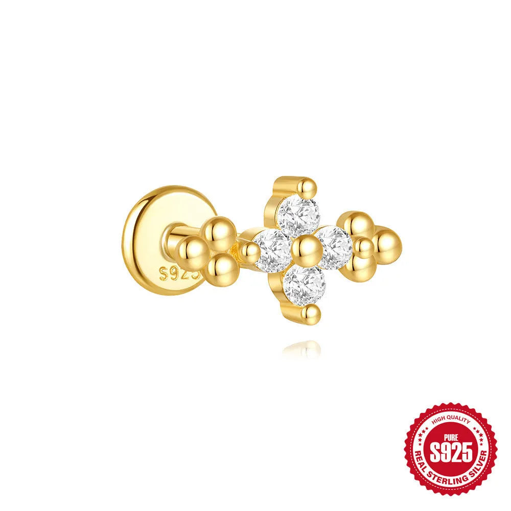 S925 sterling silver moon and star earrings with embedded diamond accents on a geometric design