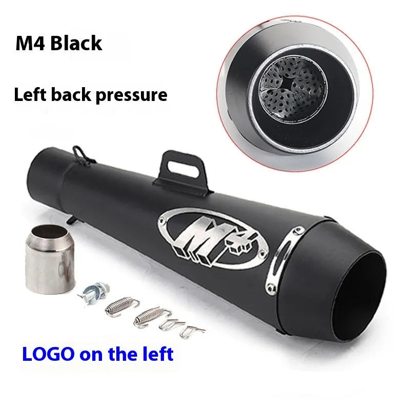 Universal M4 motorcycle exhaust pipe in various finishes including black, titanium, and half blue with back pressure options