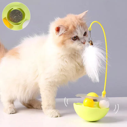 Interactive cat toy with catnip, feather wand, and spinning balls in white, indigo, fluorescent yellow, and pink