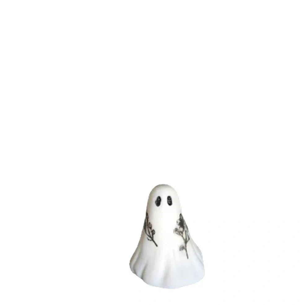 White synthetic resin ghost ornaments in sizes 3.2cm to 10cm for Halloween, three-piece set on display