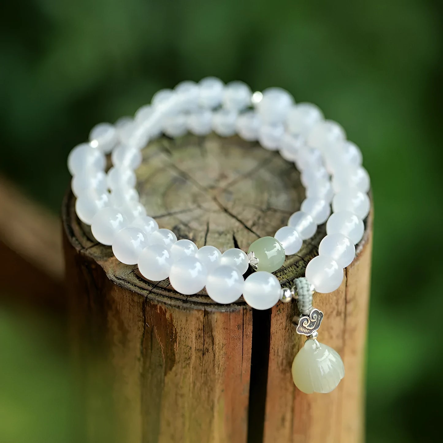 S925 sterling silver bracelet with white agate and Hetian jade in geometric lotus design